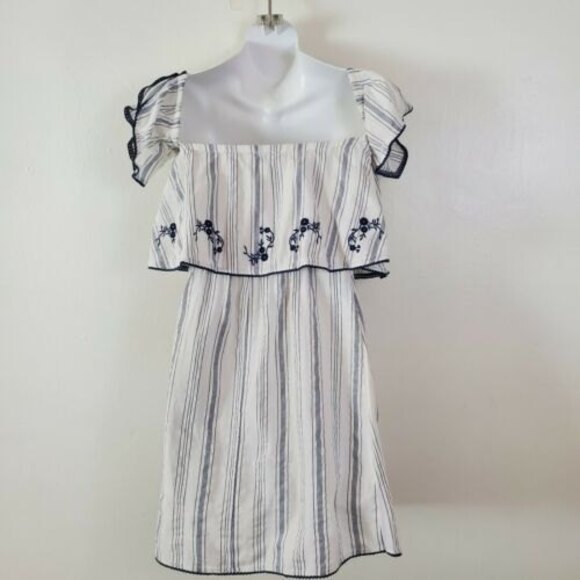 Express Top XS White Striped Floral Embroidered Boho Tunic Coastal Beach Casual - Picture 5 of 9